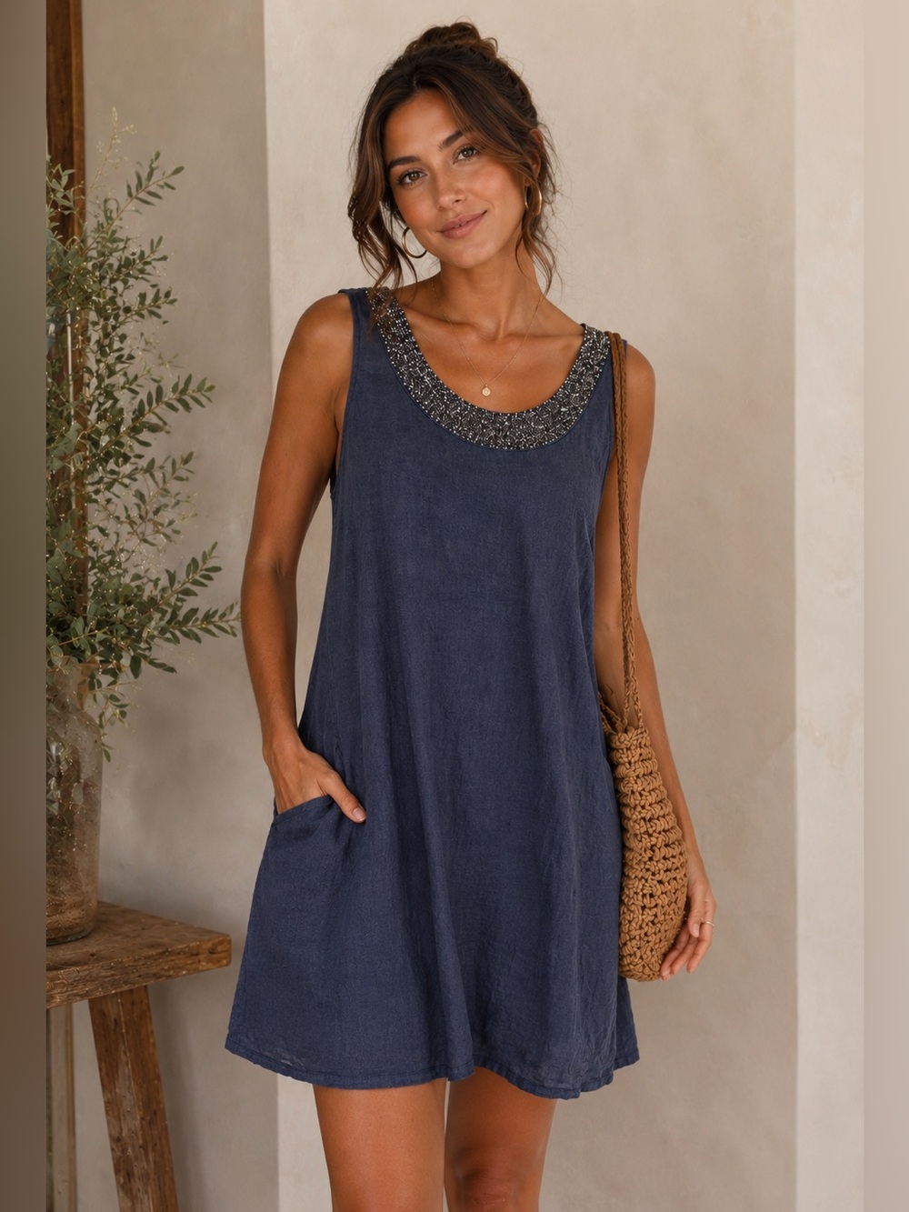 Lina Tomei Italy Navy Linen Blend Beaded Shift Dress Pockets S